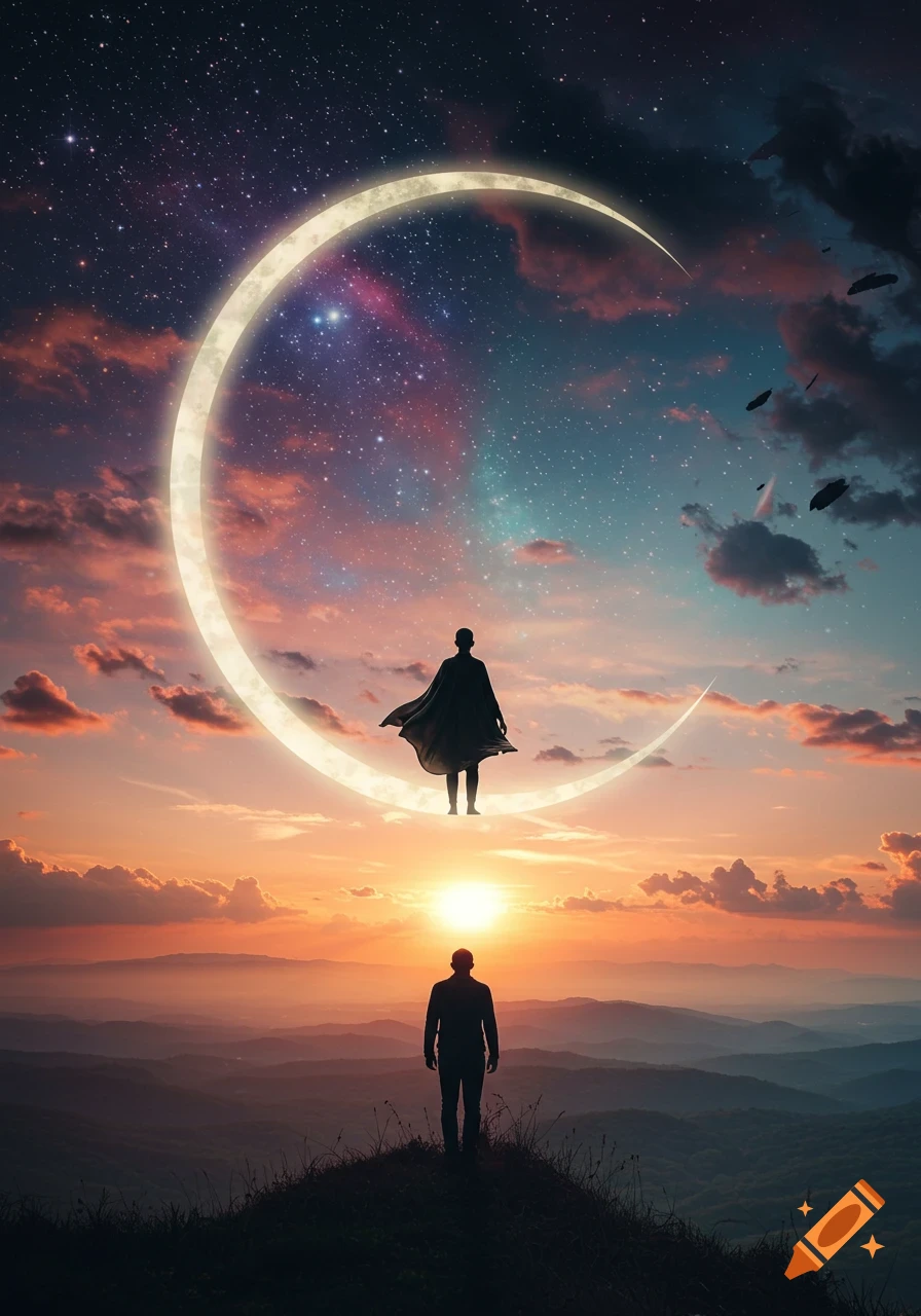 Two silhouetted figures, one on a crescent moon and one on a mountain, against a vibrant sunset and starry sky.