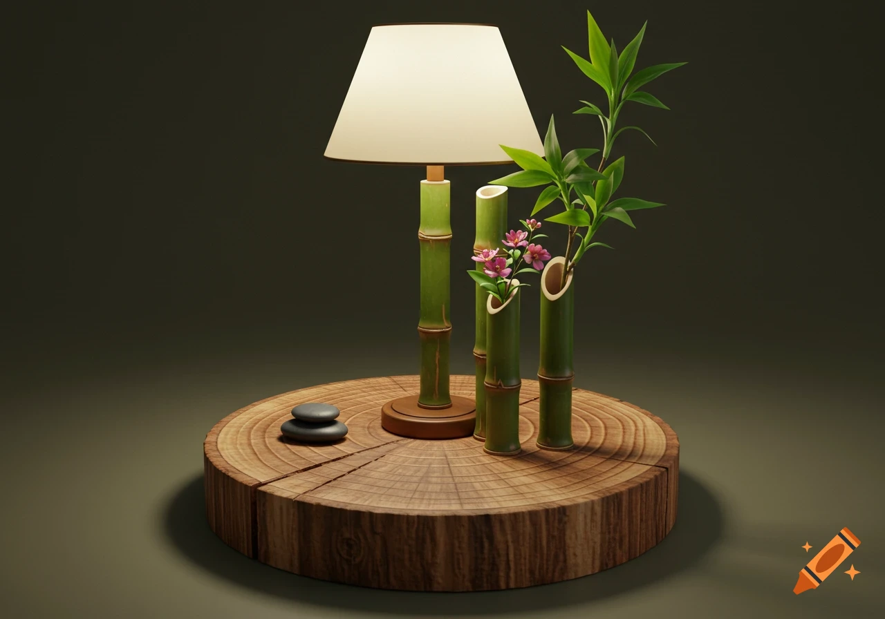 A photorealistic still life featuring a bamboo lamp and two bamboo vases with plants and pink flowers, arranged on a round wooden tree trunk slice with two stacked stones.
