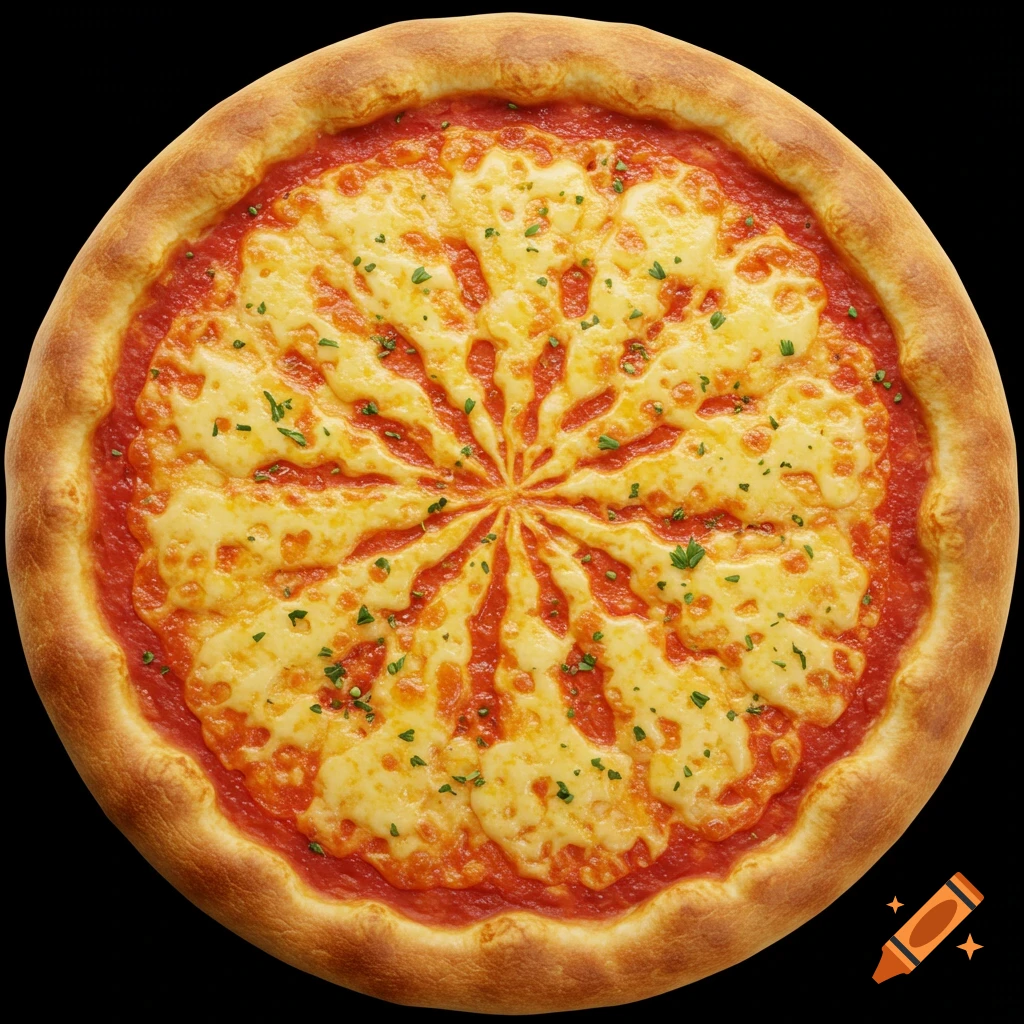 Top-down view of a delicious pizza with a red tomato sauce base and melted yellow cheddar cheese radiating outwards on a black background.
