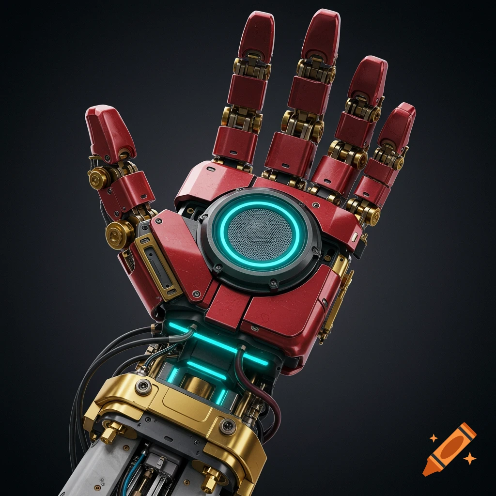 Highly detailed red and gold futuristic robotic hand with glowing blue elements on a dark background.