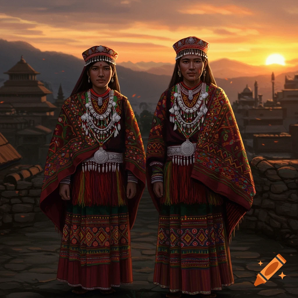 Two women in colorful traditional dresses and elaborate silver jewelry stand outdoors against a sunset backdrop over an old city.