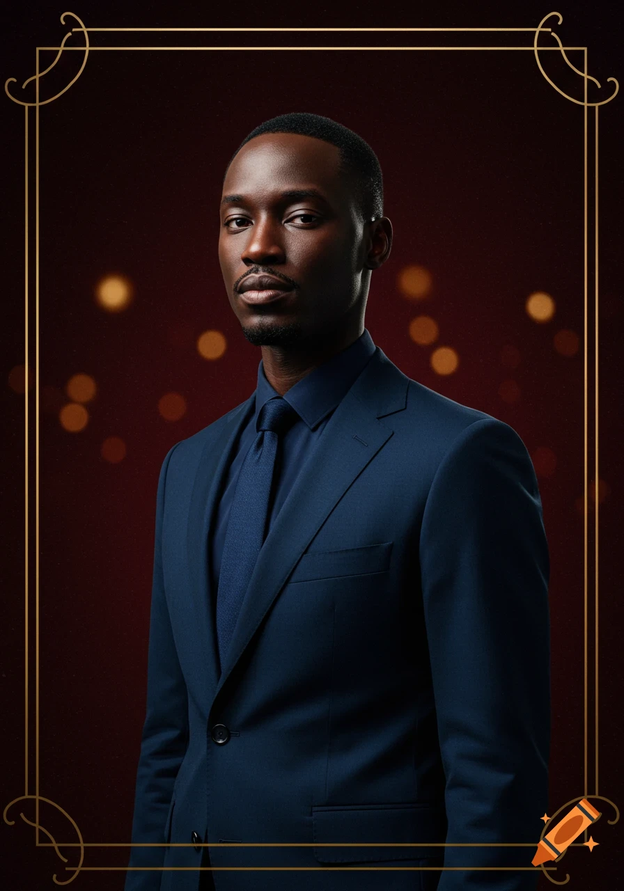 Photorealistic portrait of a dark-skinned man in a navy blue suit and tie, framed by a gold border, on a dark red background.