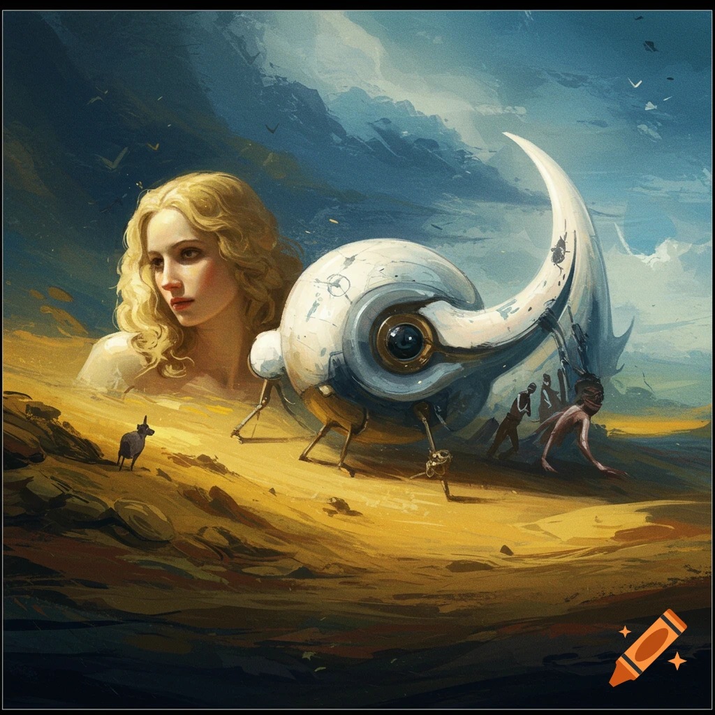 A blonde woman in a sandy landscape next to a large white mechanical snail-like creature. Painterly style.