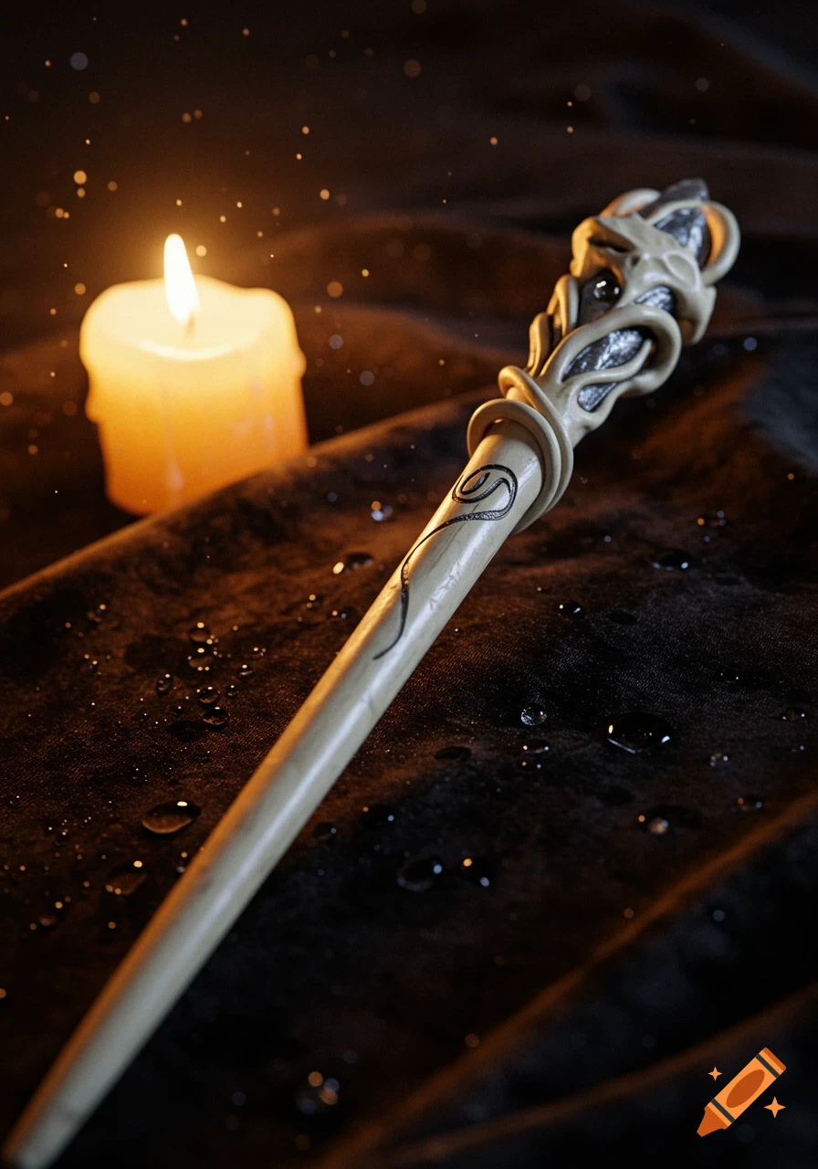 A light-colored wooden magic wand with a decorative, bone-like handle and dark swirly design, rests on dark wet fabric beside a glowing candle in a low-light setting.