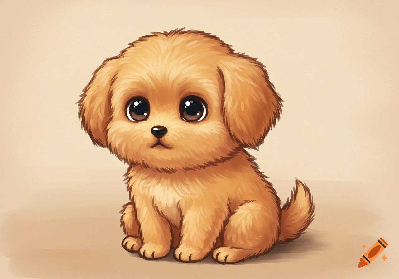 A cute cartoon puppy with big brown eyes sits looking forward on a plain light background.