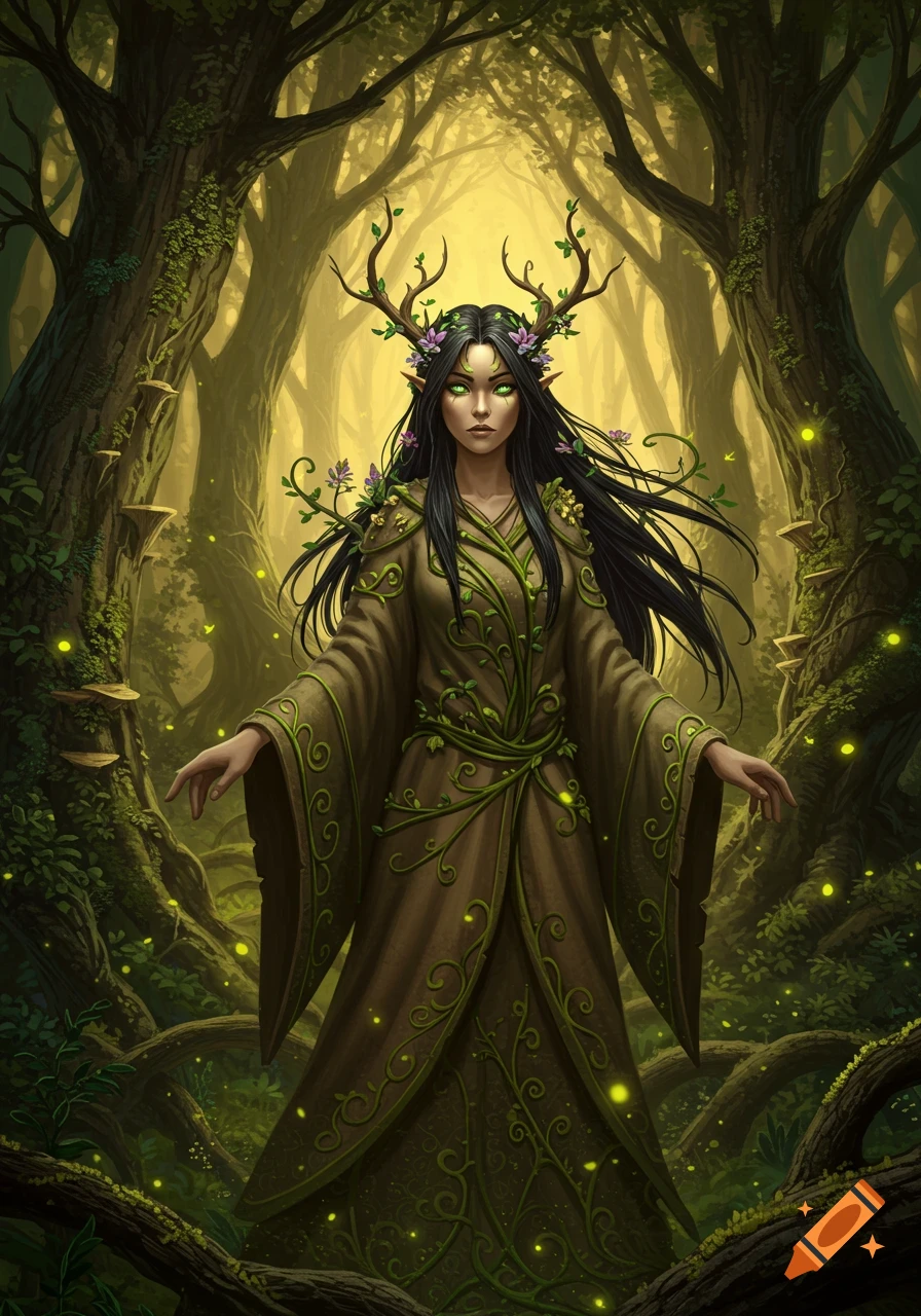 A fantasy digital painting of a female druid with antlers and a vine-patterned robe standing in an enchanted forest.