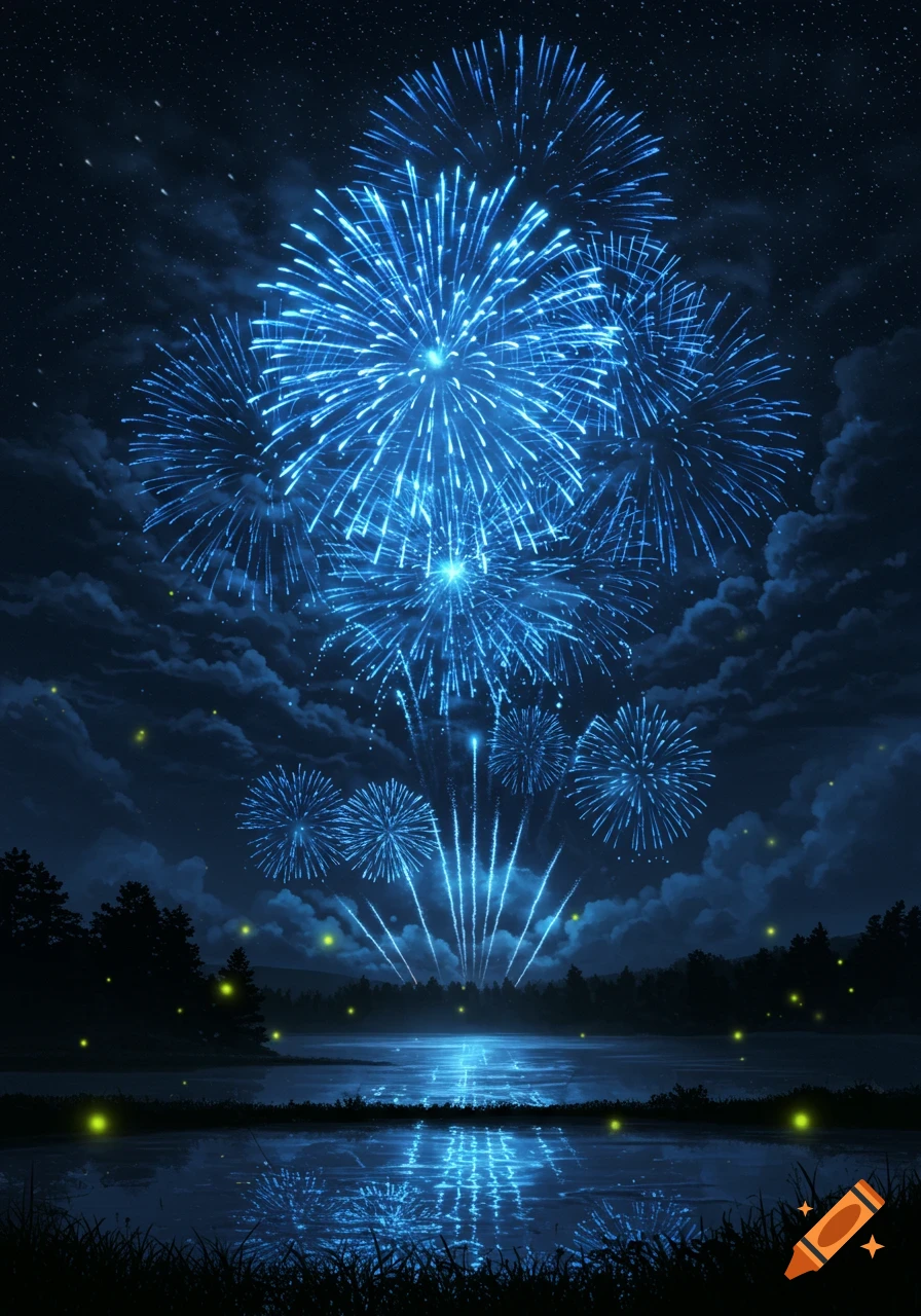 Blue fireworks explode in a starry night sky, reflecting on a lake with a dark forest, in an anime style.