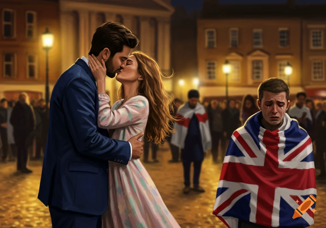A couple kisses on a night street as a man draped in the Union Jack cries in the background.