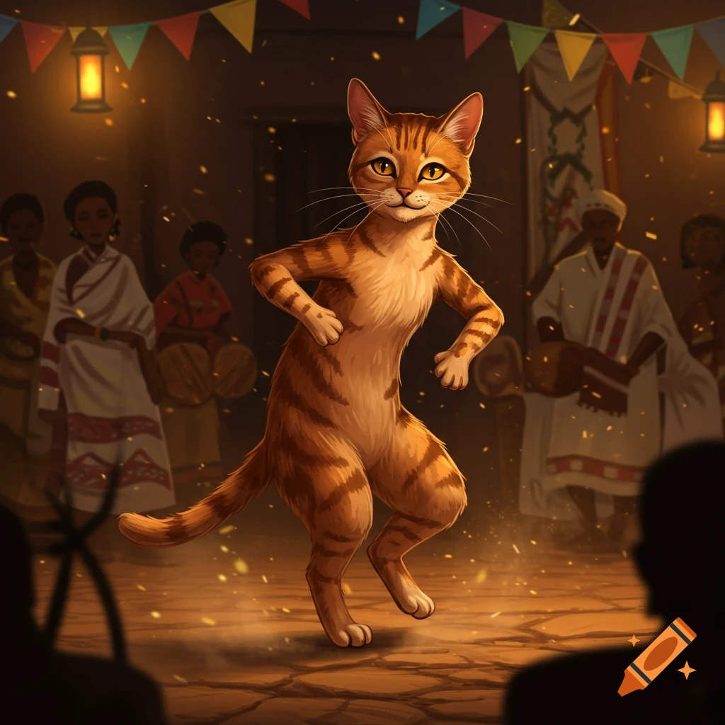 An orange tabby cat dances at a festive event, with people in traditional attire and lanterns in the background.