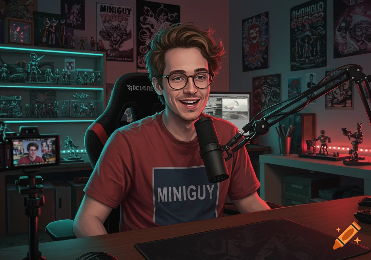 Smiling young man with glasses wearing a 'MINIGUY' shirt, streaming in a neon-lit gaming room with collectibles, digital illustration.