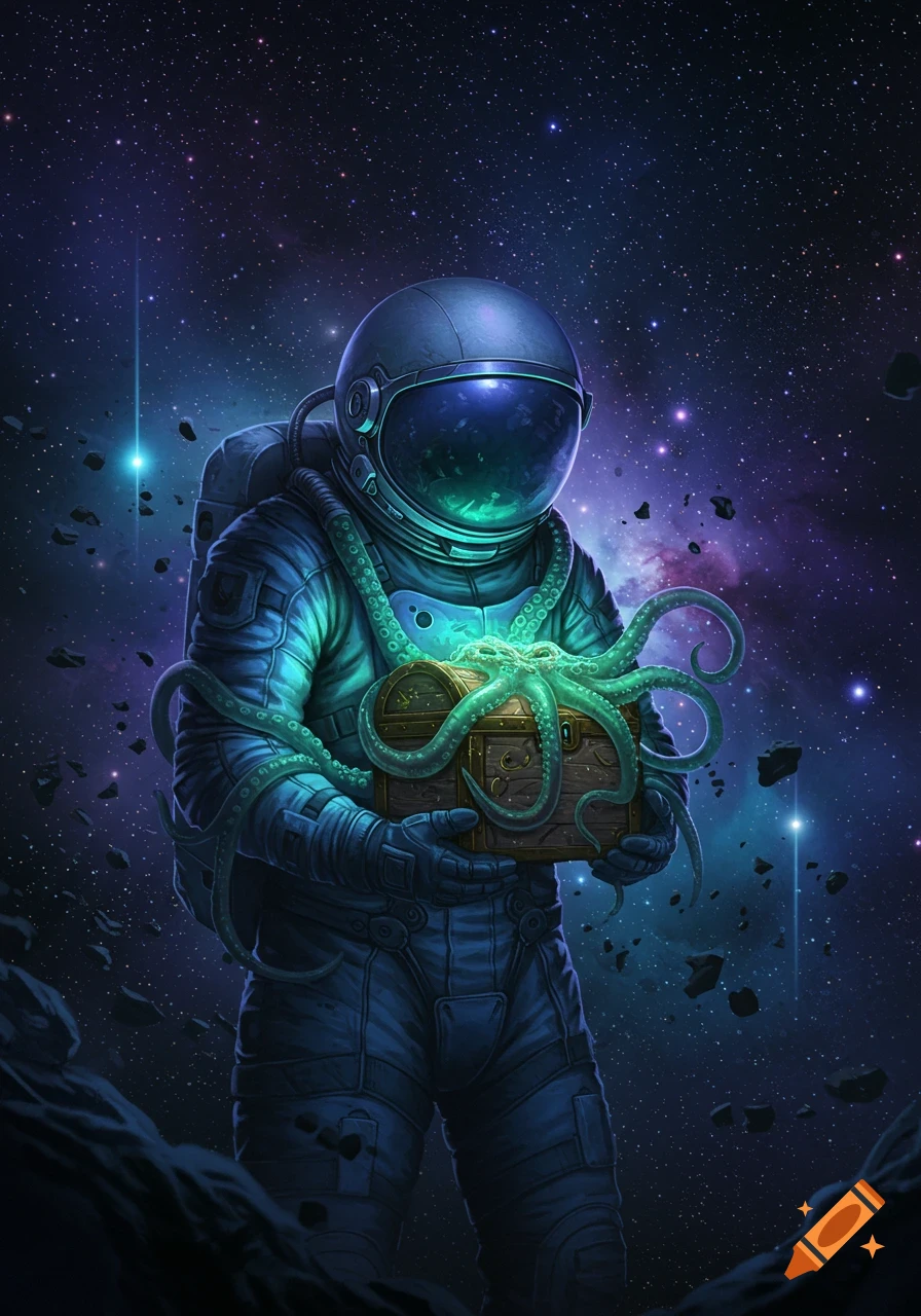 Astronaut in deep space holds a glowing treasure chest with green tentacles, surrounded by stars and asteroids.