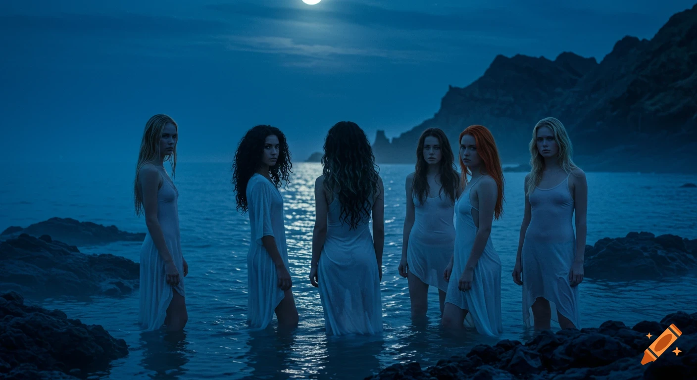 Six women in sheer white dresses stand in the ocean at night, under a full moon, with dark cliffs in the background.