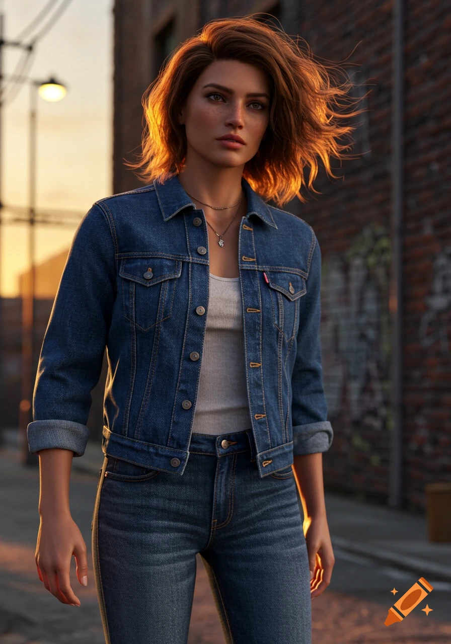 A photorealistic portrait of a woman in a denim jacket and jeans standing on a street at sunset.