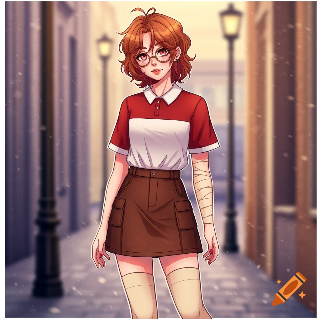 An anime character with ginger hair and glasses, wearing a red and white polo, brown skirt, bandaged wrists, and cream thigh-high socks, stands on a snowy street.