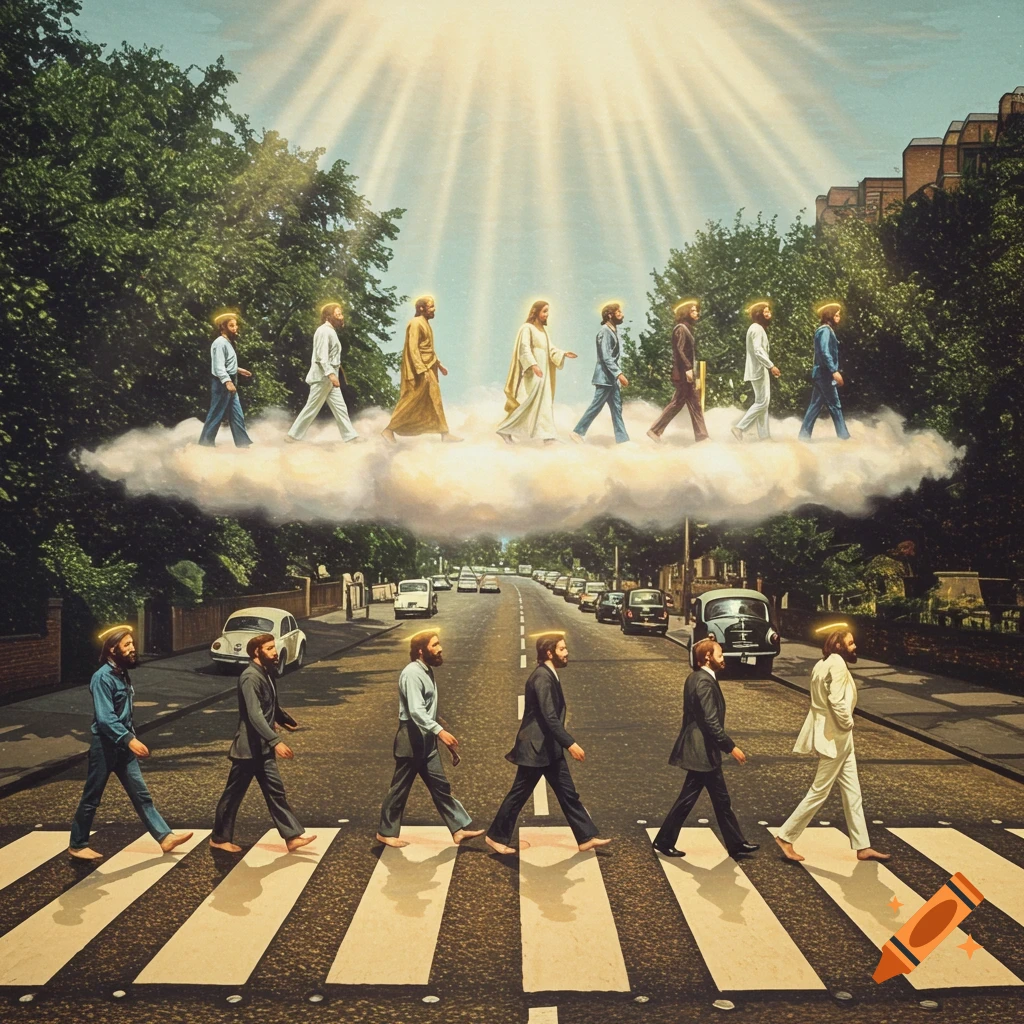 Photorealistic image of Jesus and disciples walking on a cloud above the Abbey Road crosswalk, with similar figures below.