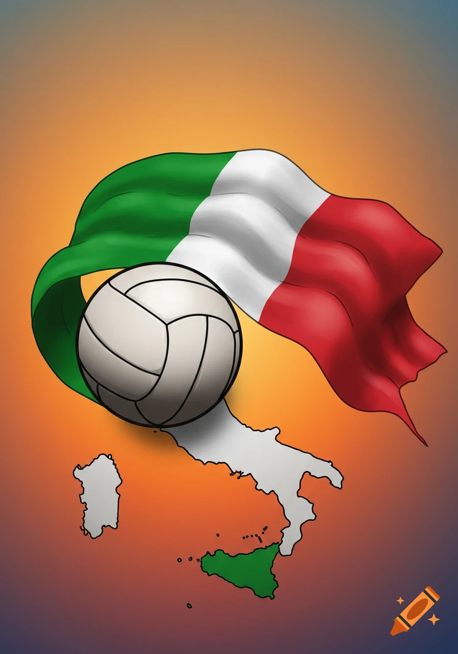 Illustrated volleyball on a white map of Italy with a waving Italian flag, against an orange and blue gradient background.