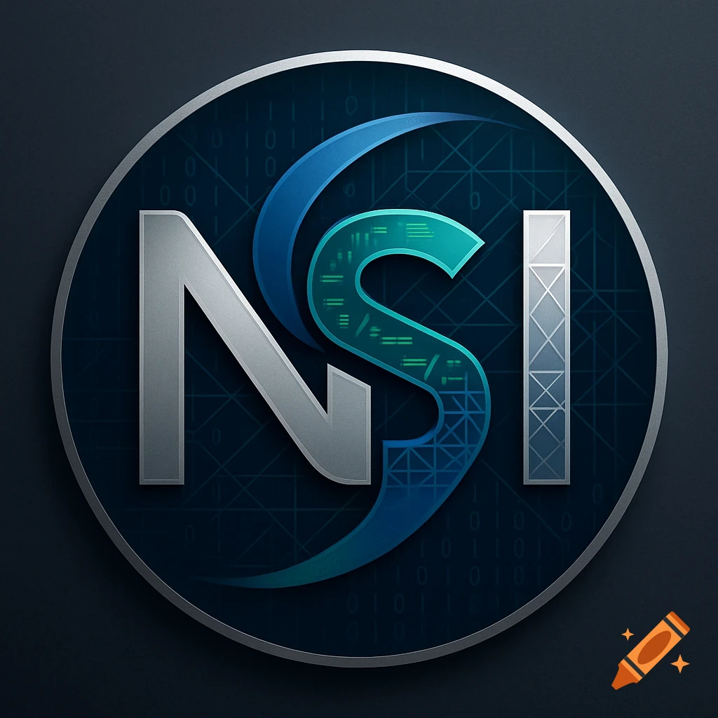 A metallic NSI logo inside a dark circle with blue tech patterns and binary code.
