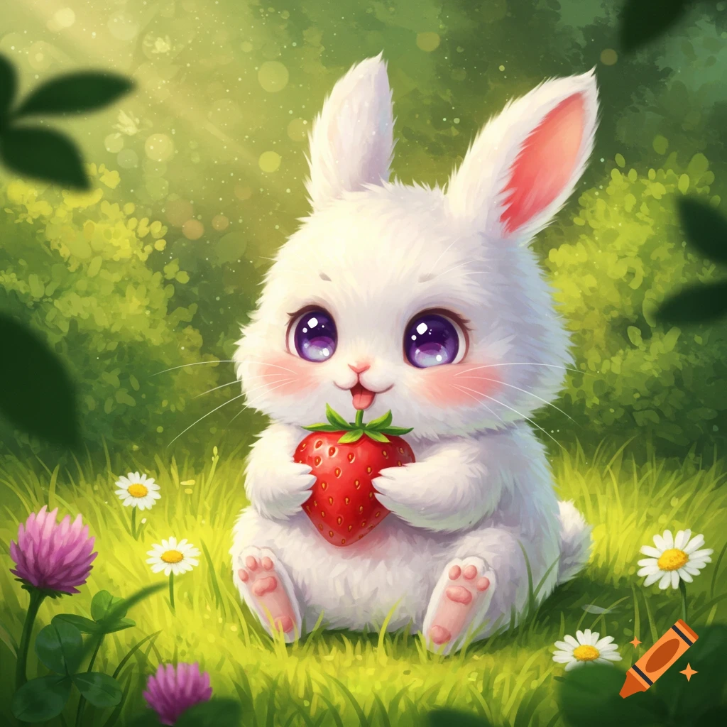 A cute kawaii white bunny with purple eyes sits in a sunny green field, holding a red strawberry with its tongue out.