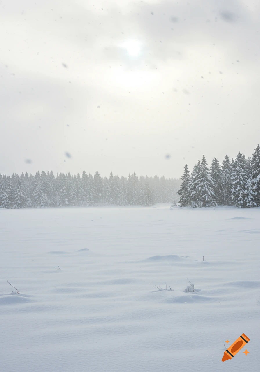 A peaceful winter landscape with a snow-covered field, evergreen trees, and falling snowflakes under a bright, cloudy sky.