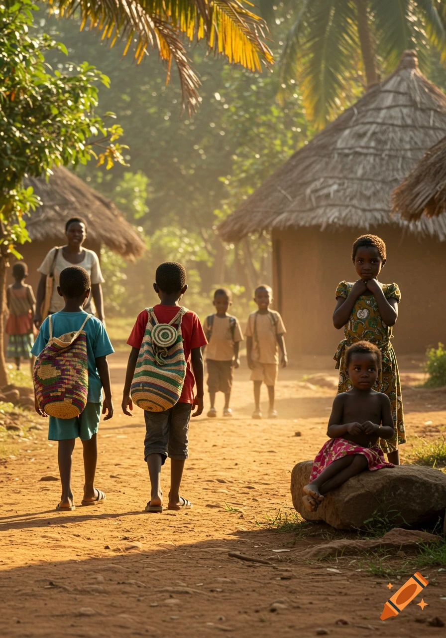Photorealistic image of children walking on a dirt path in a sunny African village with thatched huts and palm trees.