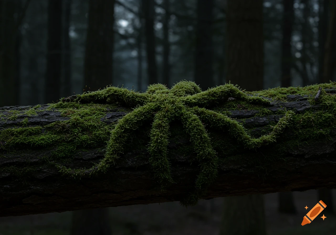 A close-up of a dark tree trunk covered in green moss, shaped like an eight-tentacled creature, in a dark forest at night.