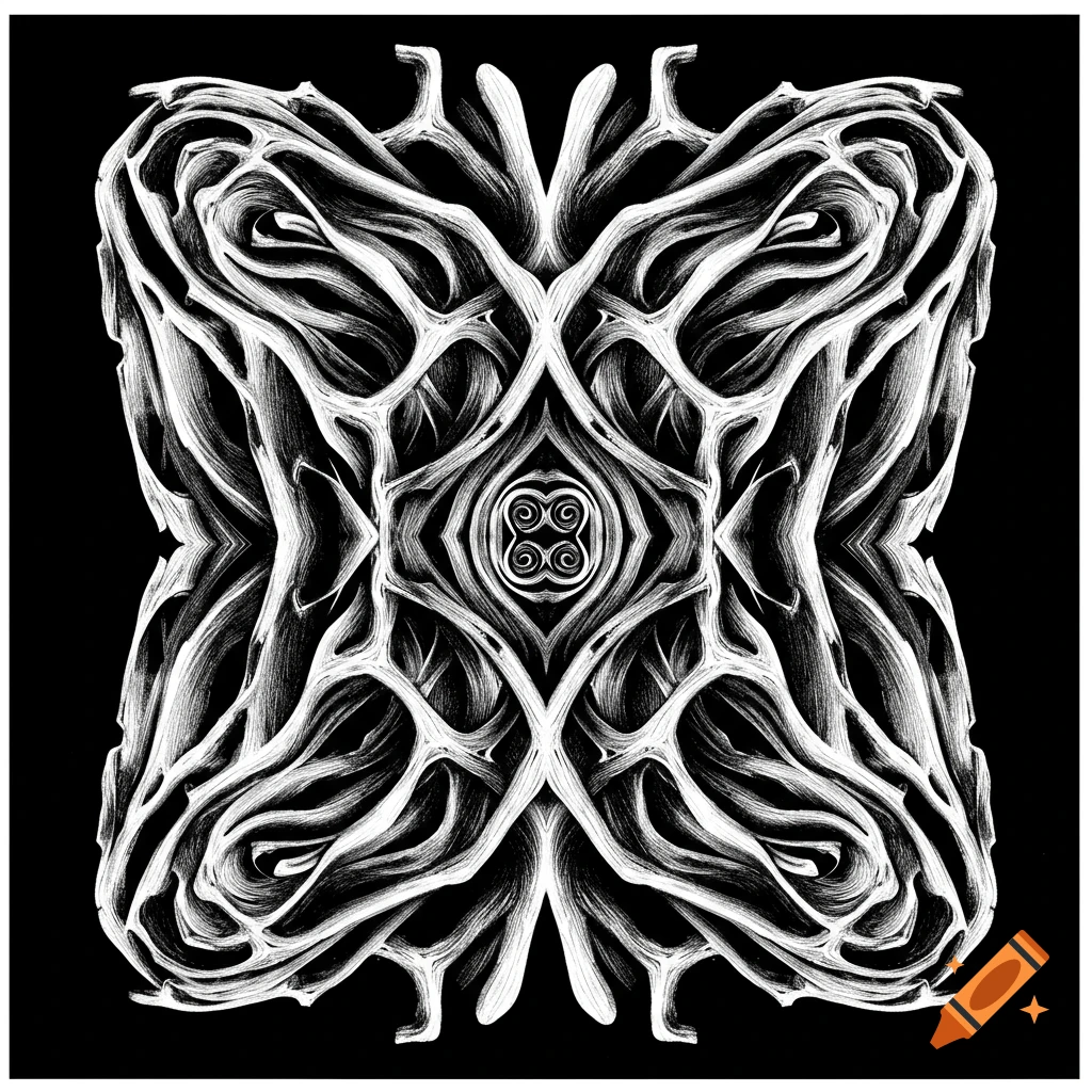 Intricate black and white abstract pattern resembling roots or branches, symmetrical.