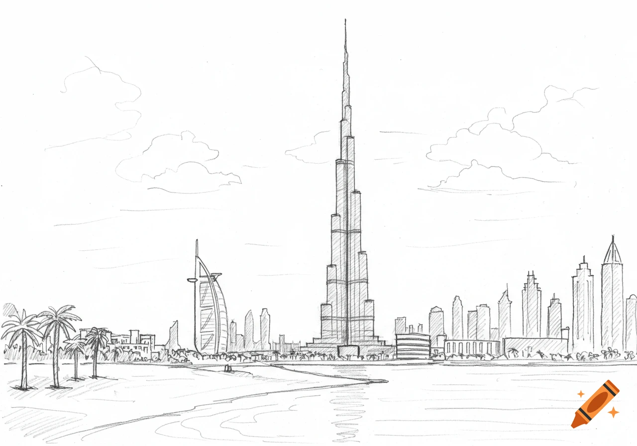 Black and white pencil sketch of Dubai skyline with Burj Khalifa, Burj Al Arab, other skyscrapers, palm trees, and a beach.