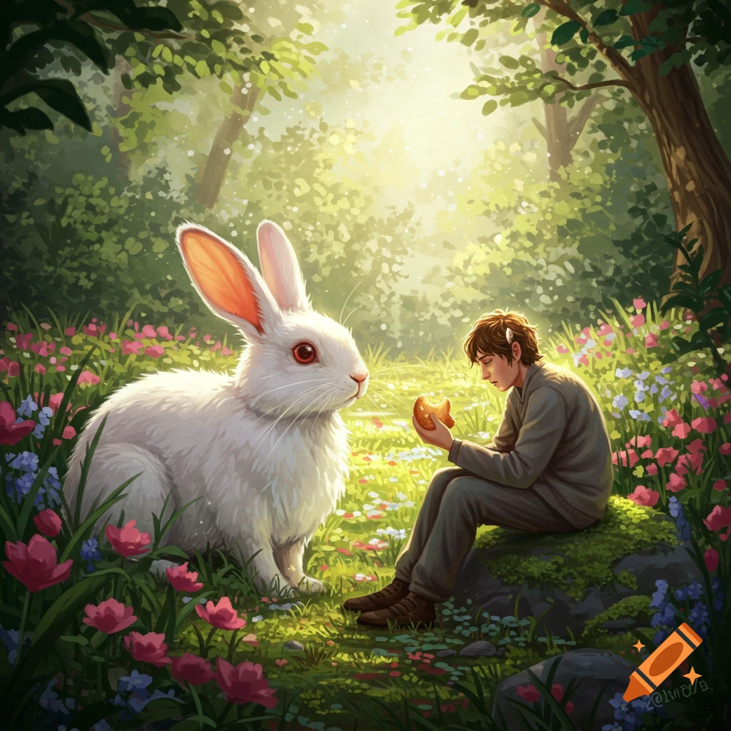 A giant white rabbit and a person sharing bread in a sunlit, flower-filled forest. Painterly, semi-realistic style.