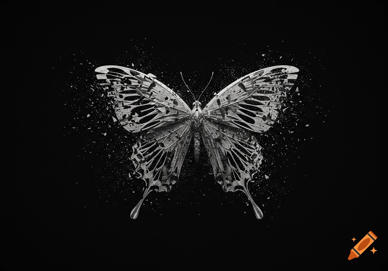 A grayscale butterfly with its wings disintegrating into small particles against a solid black background.