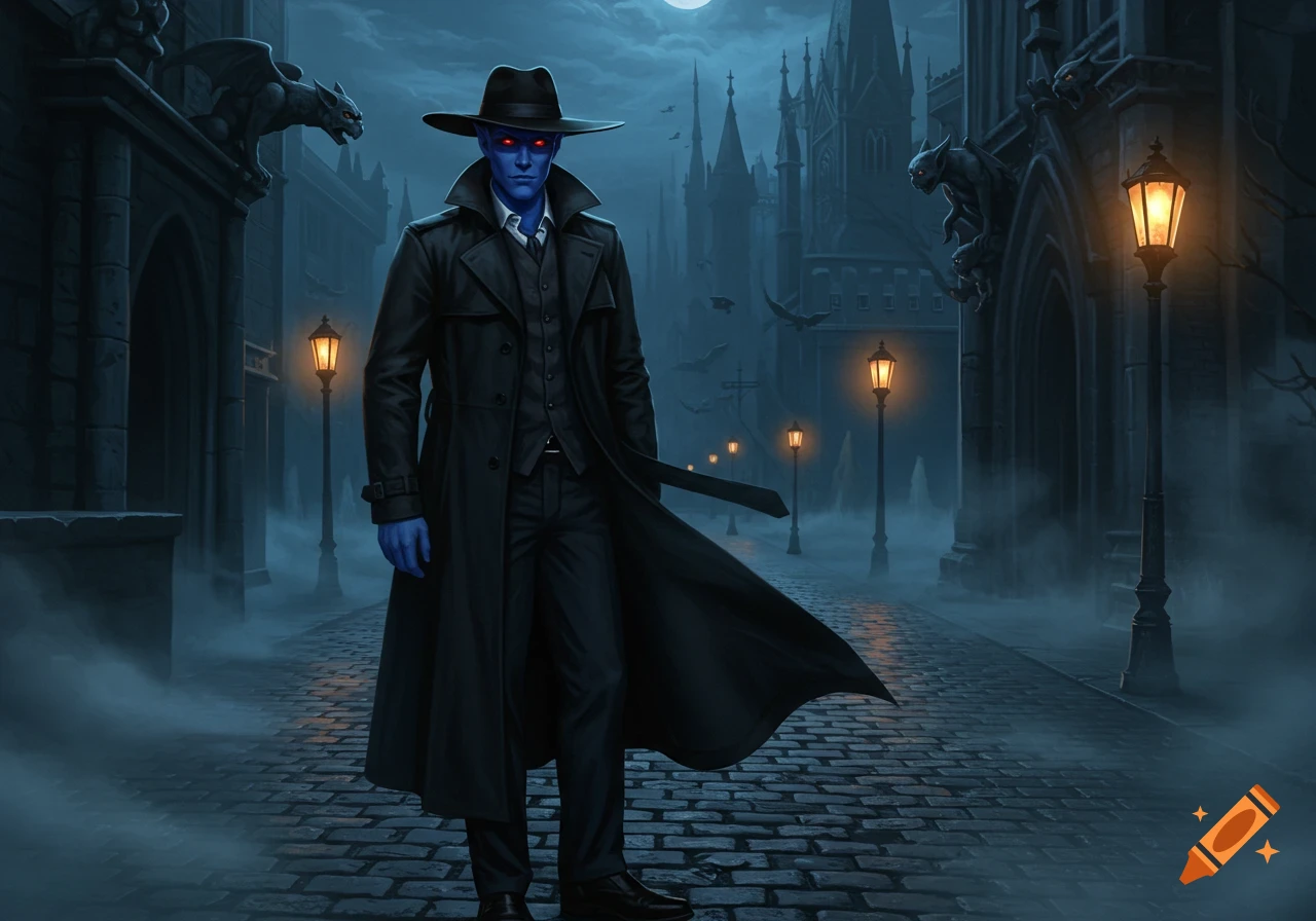A blue-skinned male in a black trench coat and fedora stands on a cobblestone street in a foggy gothic city at night, with gargoyles on buildings.