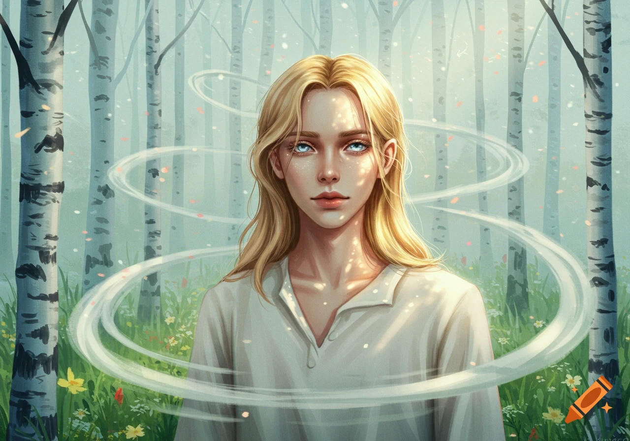 Digital painting of a blonde, pale-skinned person with light blue eyes, standing in a birch forest with swirling white light.