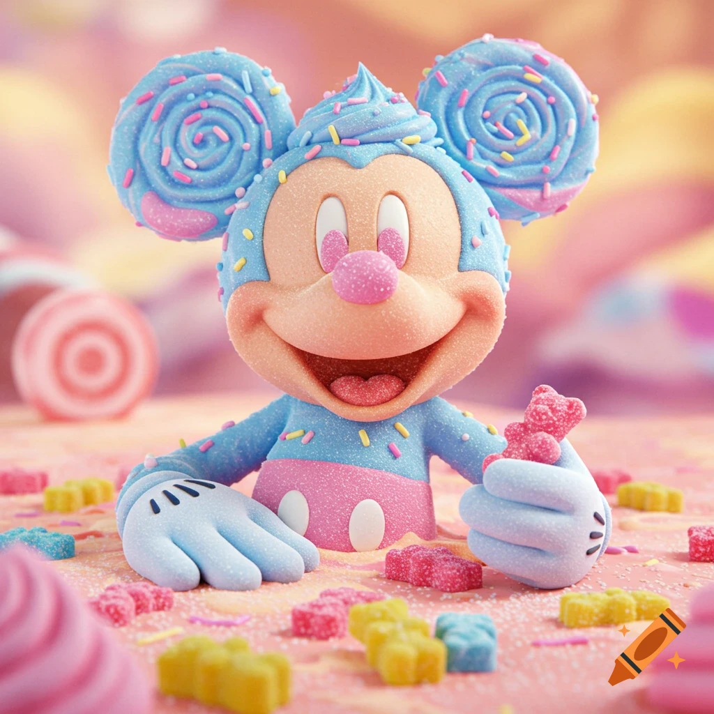 Mickey Mouse made of blue and pink icing and sprinkles, holding a pink gummy bear amidst colorful candies.