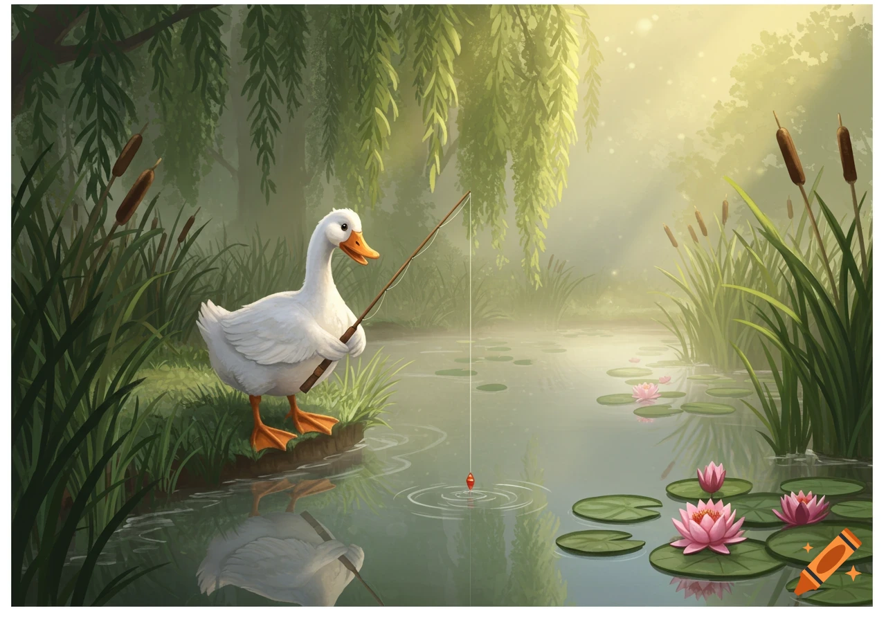 An illustrated white goose fishes with a rod in a serene, misty pond with pink lily pads, reeds, and willow trees.