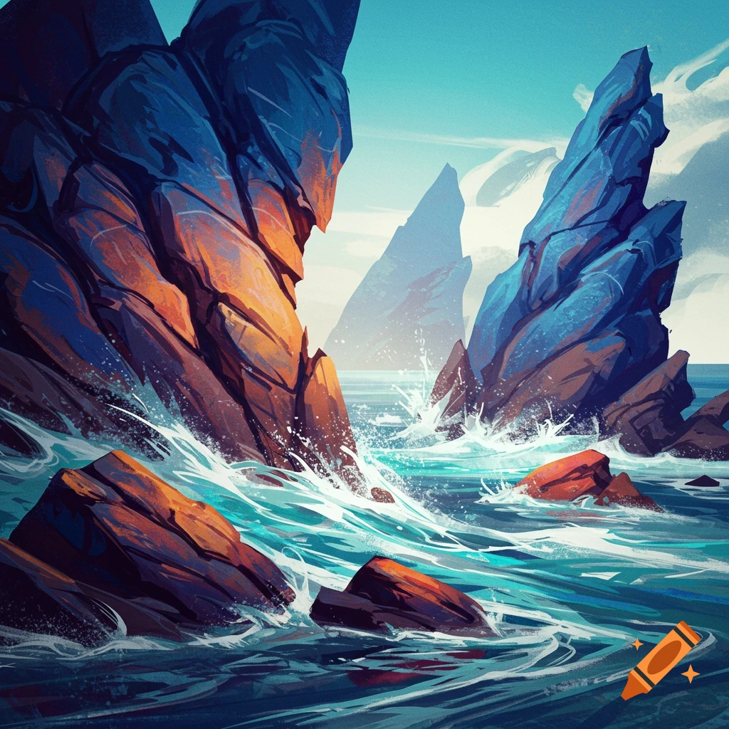 Stylized painting of dramatic blue and orange rocky cliffs along a vibrant teal ocean with white crashing waves.