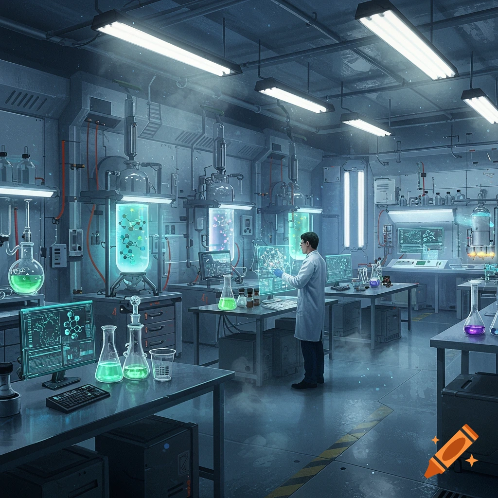 A scientist works in a futuristic, dimly lit science laboratory with glowing beakers, various lab equipment, and digital displays.