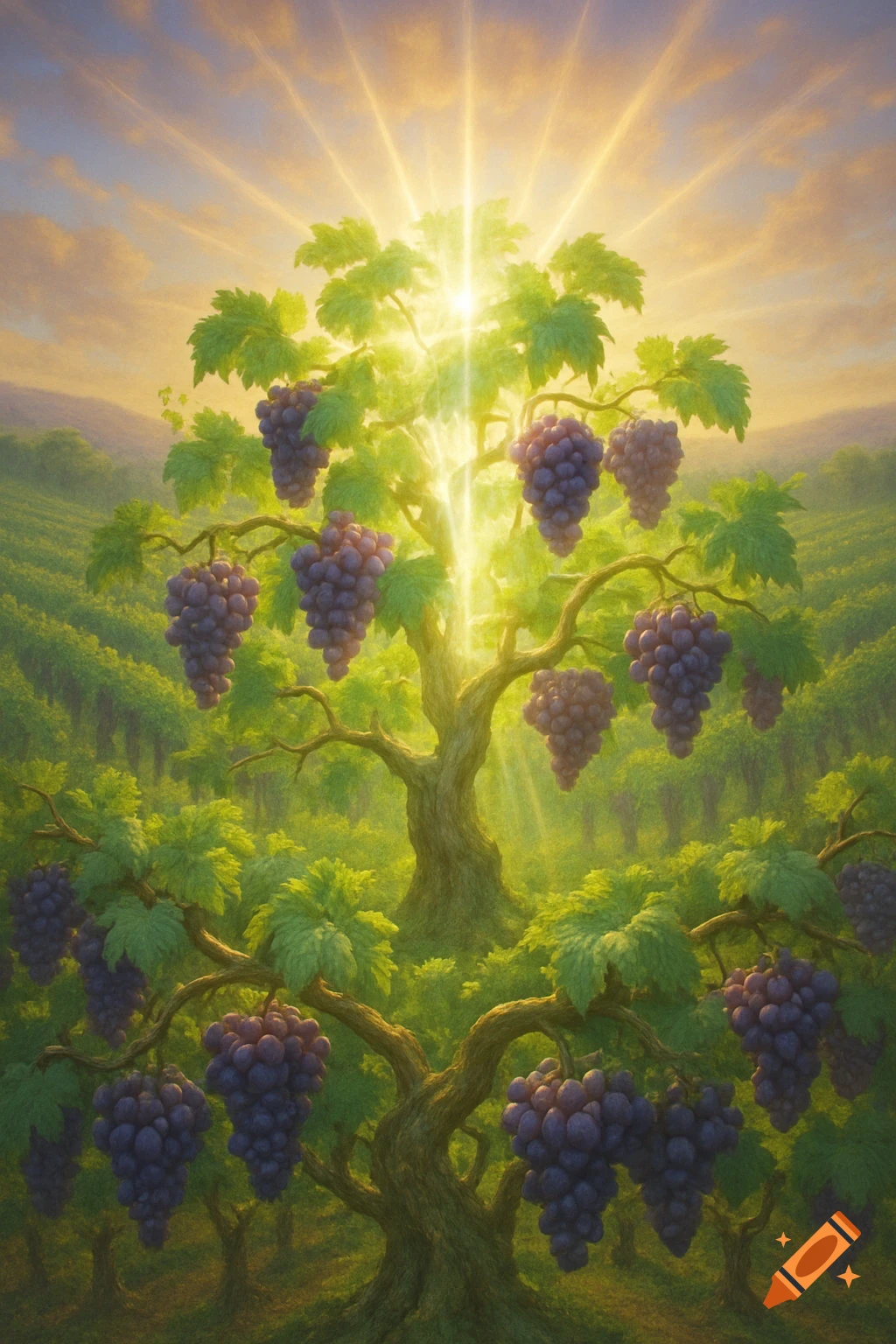 A vibrant, illuminated grape vine with abundant purple grapes, standing in a lush vineyard under a bright, glowing sky.