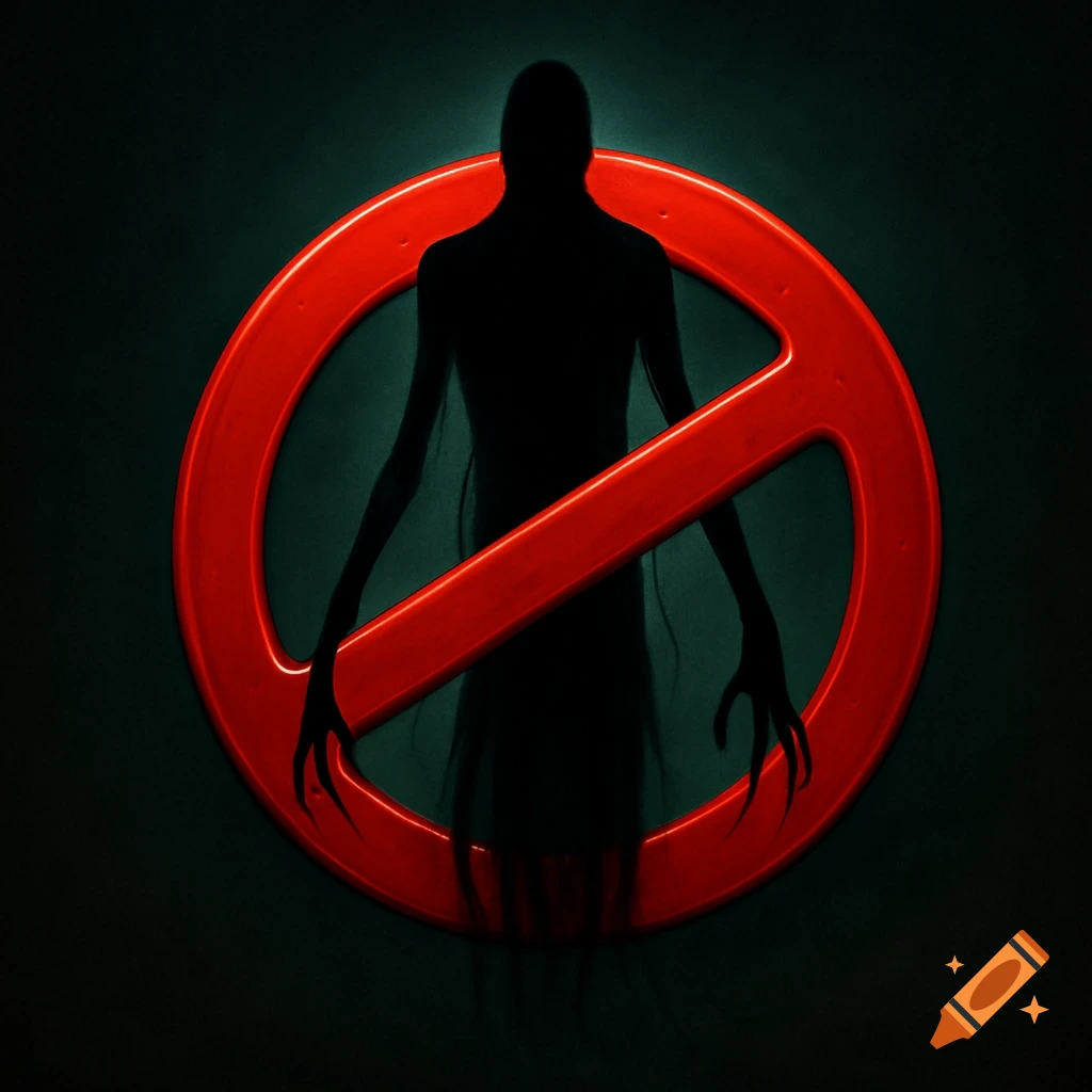 A shadowy, dark figure with long, clawed fingers trapped within a glowing red "no" symbol against a dark background.