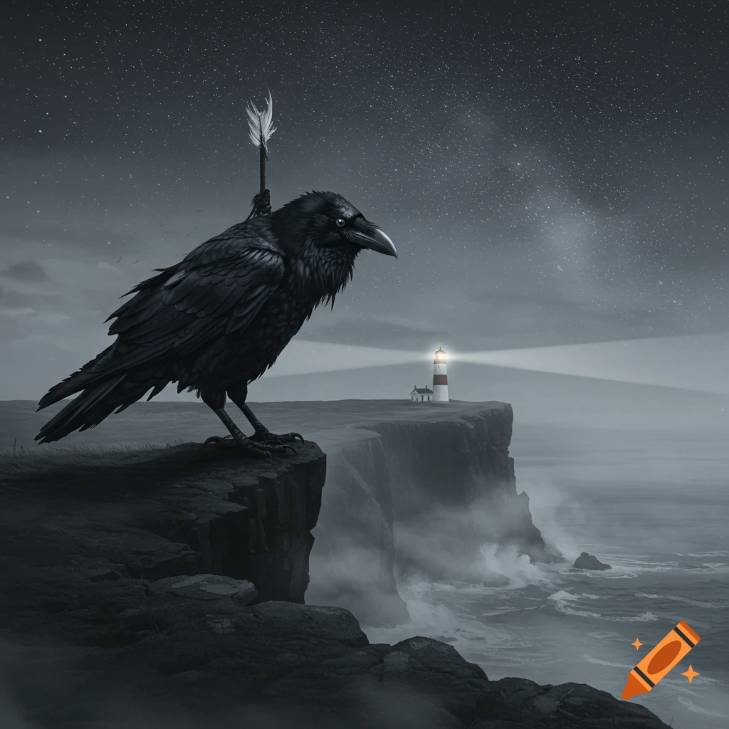 A giant black raven with an arrow in its back stands on a dark cliff overlooking a stormy, star-filled ocean with a distant lighthouse at night. Dark, moody, and photorealistic.