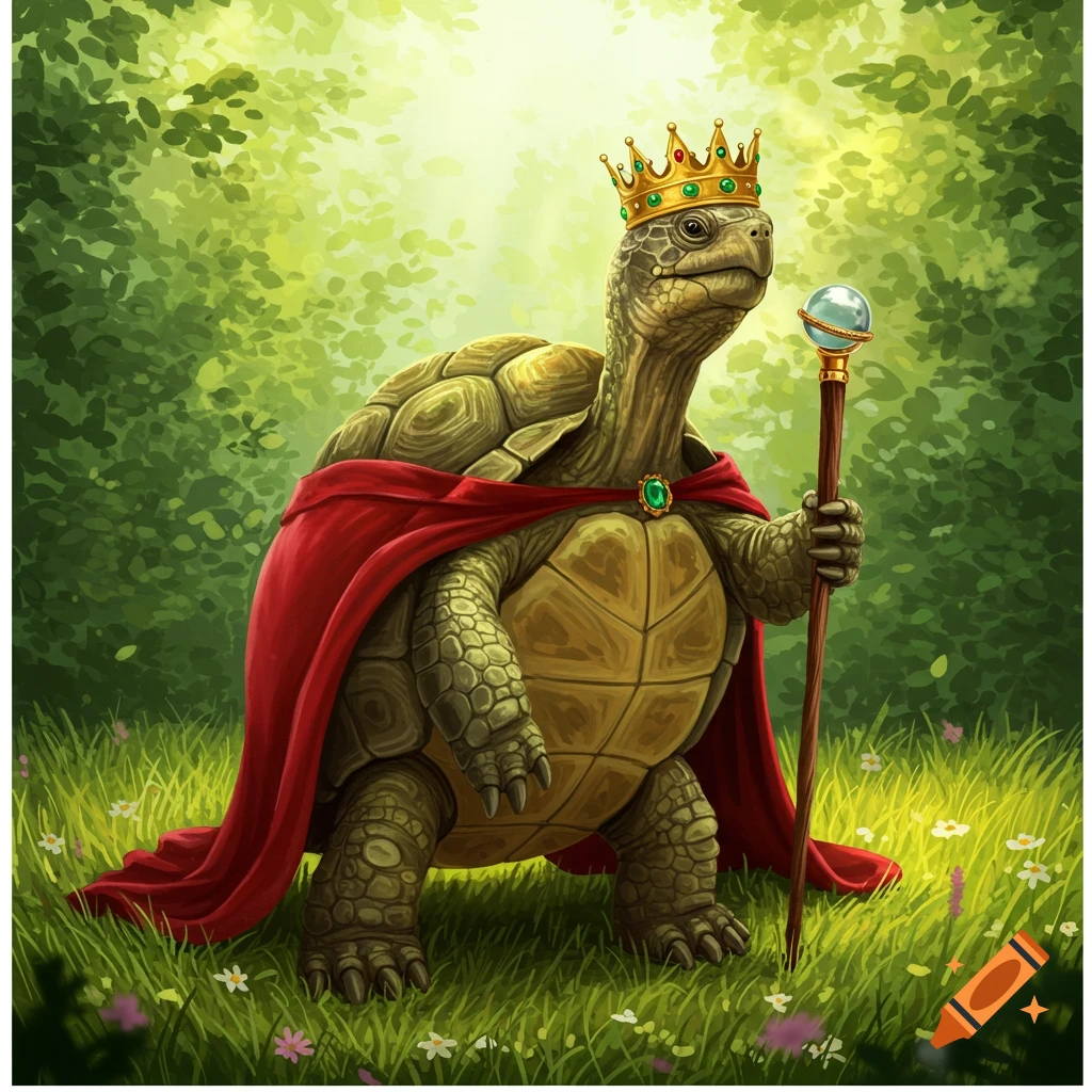 A majestic turtle king, wearing a golden crown and a flowing red cape, holds a staff in a lush forest.