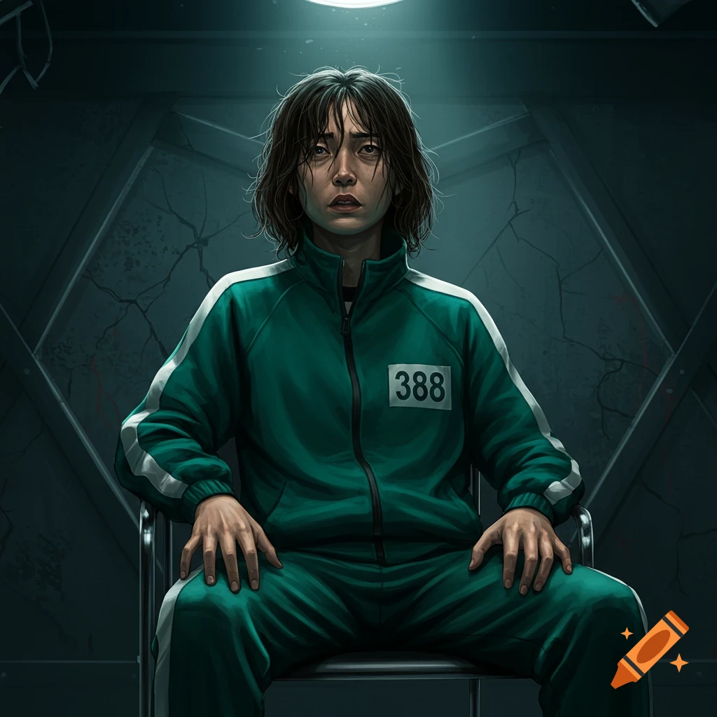A woman in a green Squid Game tracksuit with '388' on it sits in a dark, stark room, looking distressed in this digital art piece.