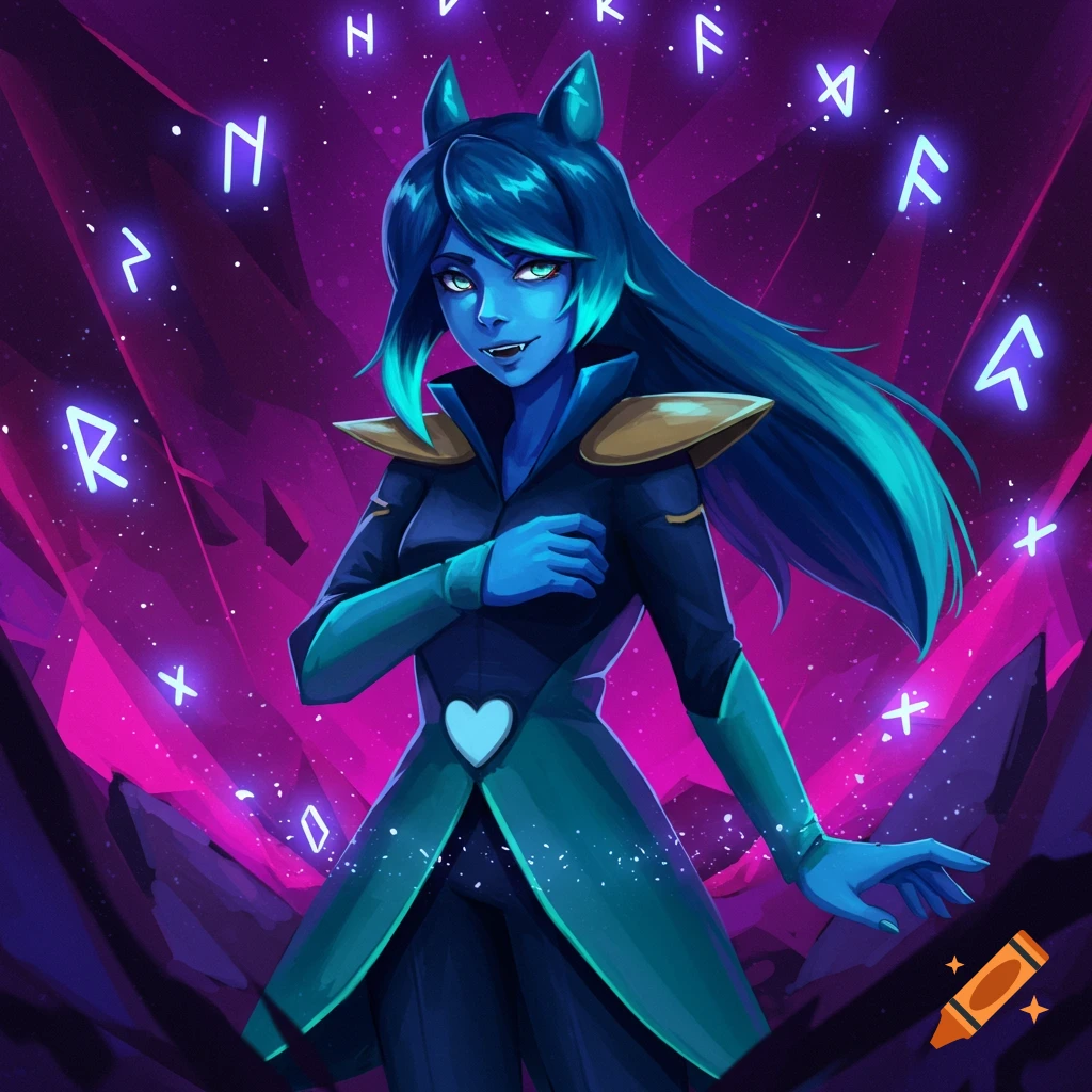 A blue-skinned character with cat ears, fangs, and long blue hair in a dark coat stands amidst glowing runes in a cosmic fantasy setting, digital art.