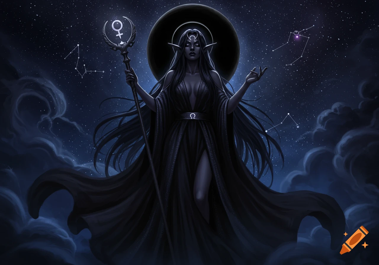 A dark fantasy goddess or elf in a flowing black gown holds a staff with a Venus symbol, standing against a starry night sky with clouds.