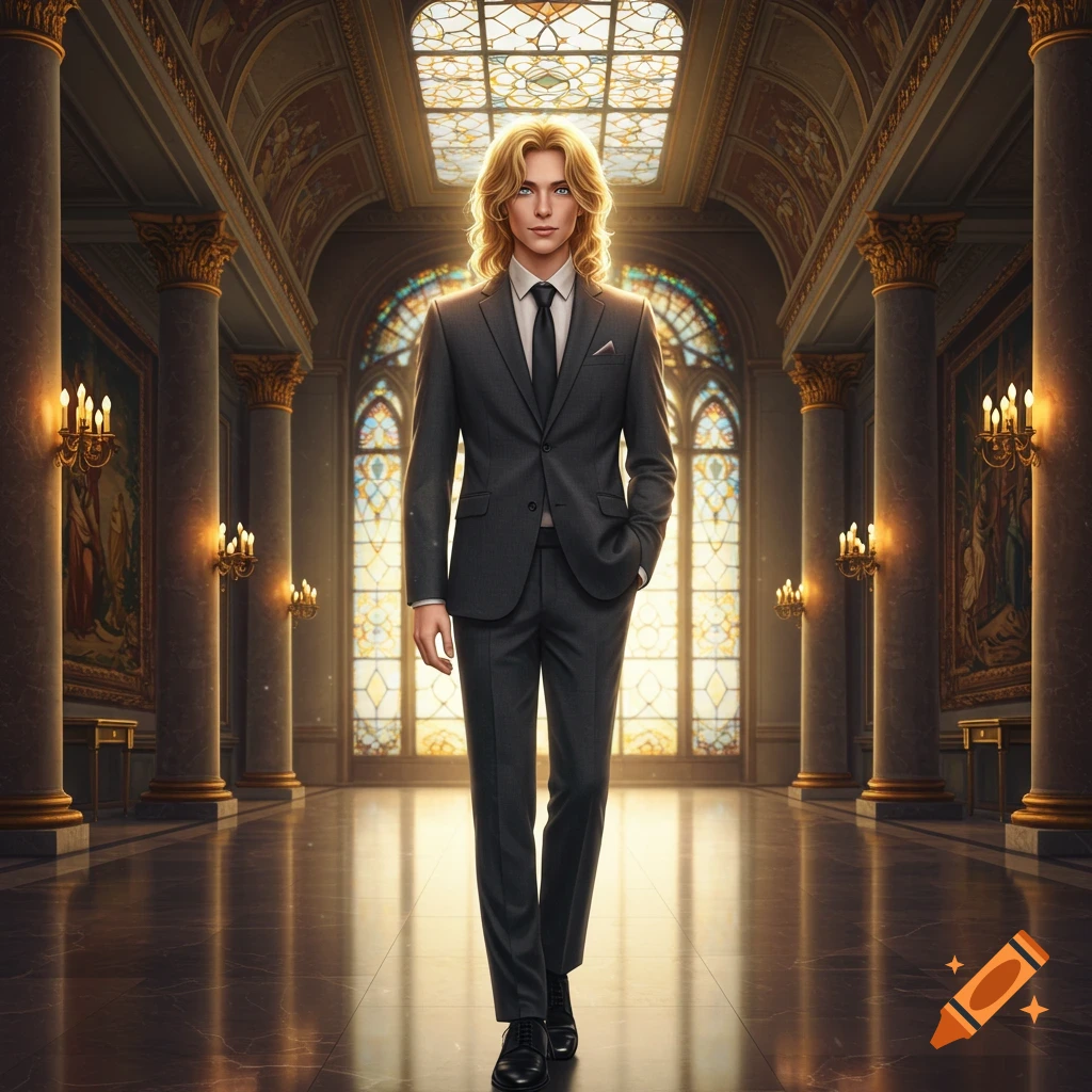A young blonde man in a dark suit walks through a grand, ornate hall with stained glass windows.