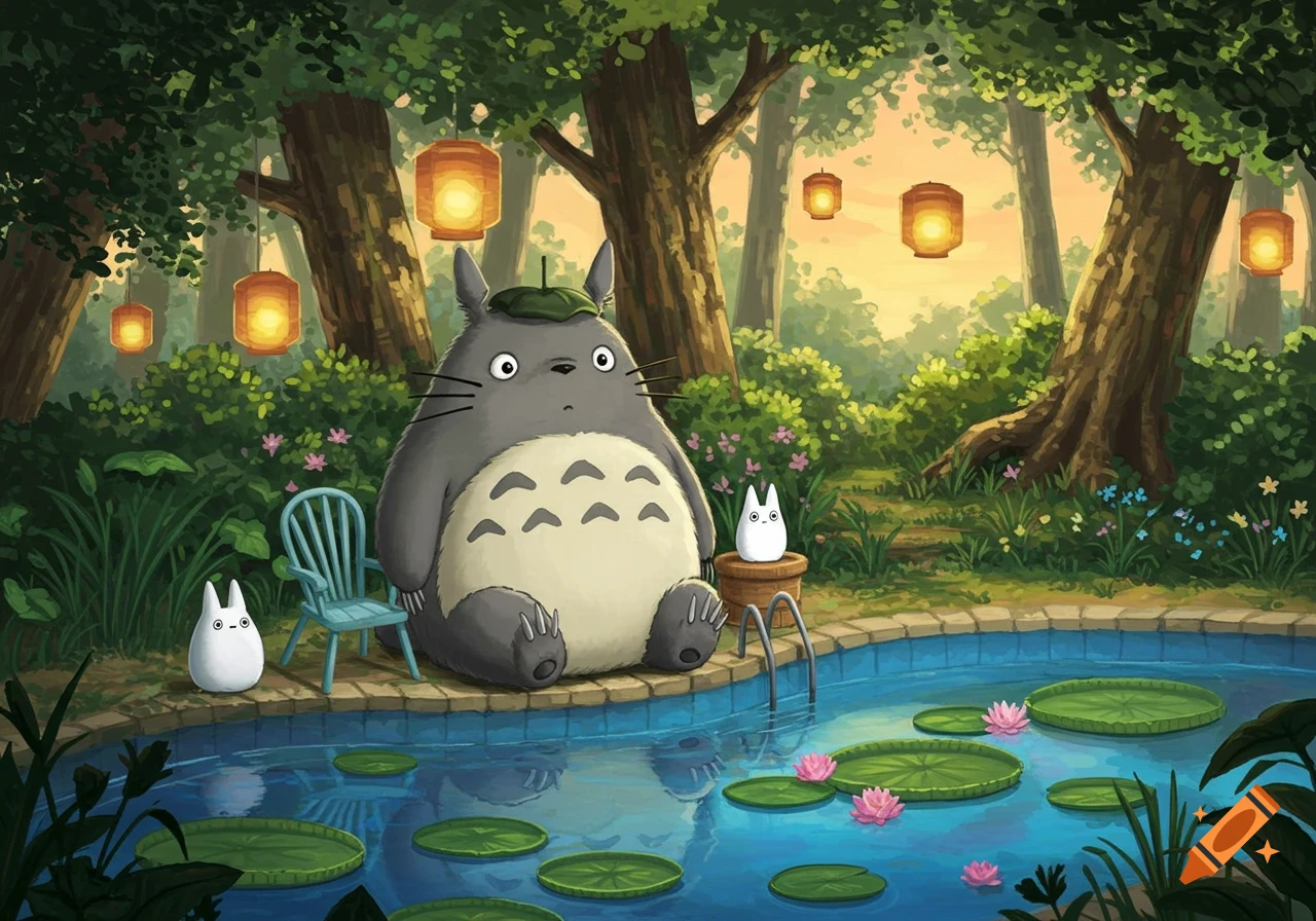 A large grey Totoro sits by a peaceful pool with lily pads, next to smaller white Totoros in a lush green forest with glowing lanterns.