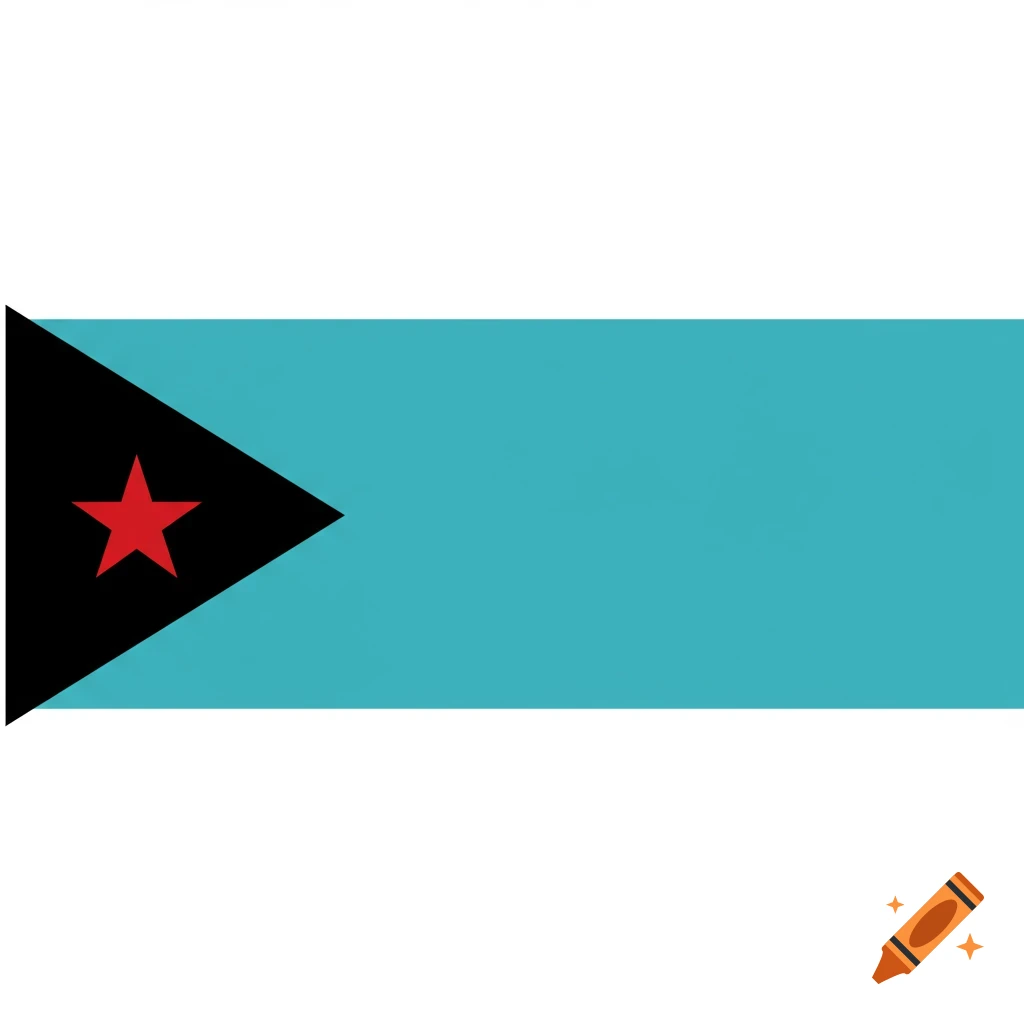 A minimalist flag with a black triangle on the left featuring a red star, and a turquoise rectangle on the right.