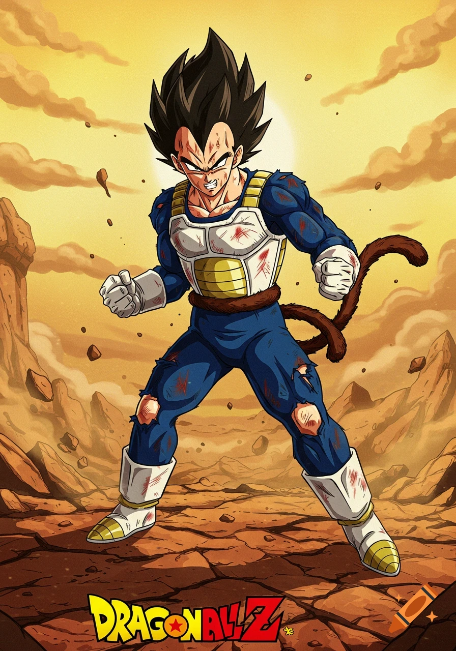 Battle-damaged Vegeta, with a tail and angry expression, stands in a rocky wasteland under a yellow sky, Dragon Ball Z art style.