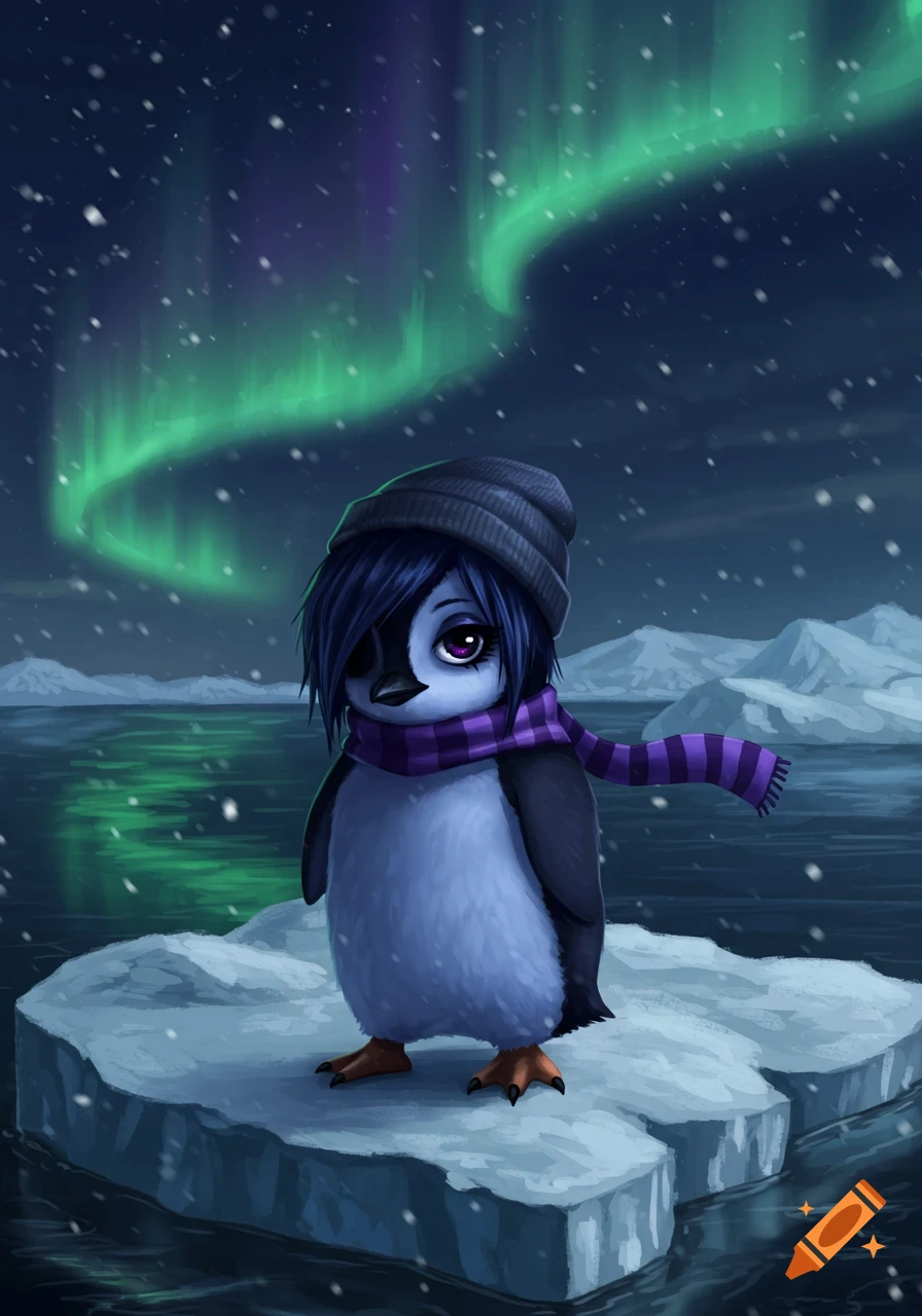 Cartoon emo penguin in a beanie and striped scarf on an ice floe under green aurora borealis.