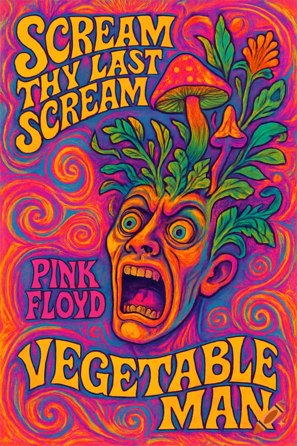 Psychedelic poster art with a screaming, distorted face, mushrooms, and plants on a swirling background with bold text.