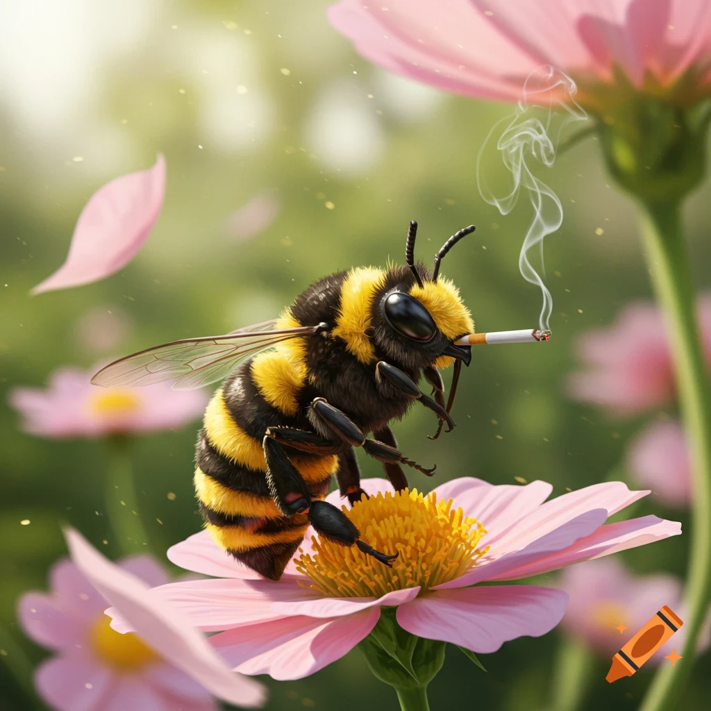 A fluffy, photorealistic bee with black and yellow stripes stands on a pink cosmos flower, smoking a cigarette, with light pink petals and green foliage in the background.