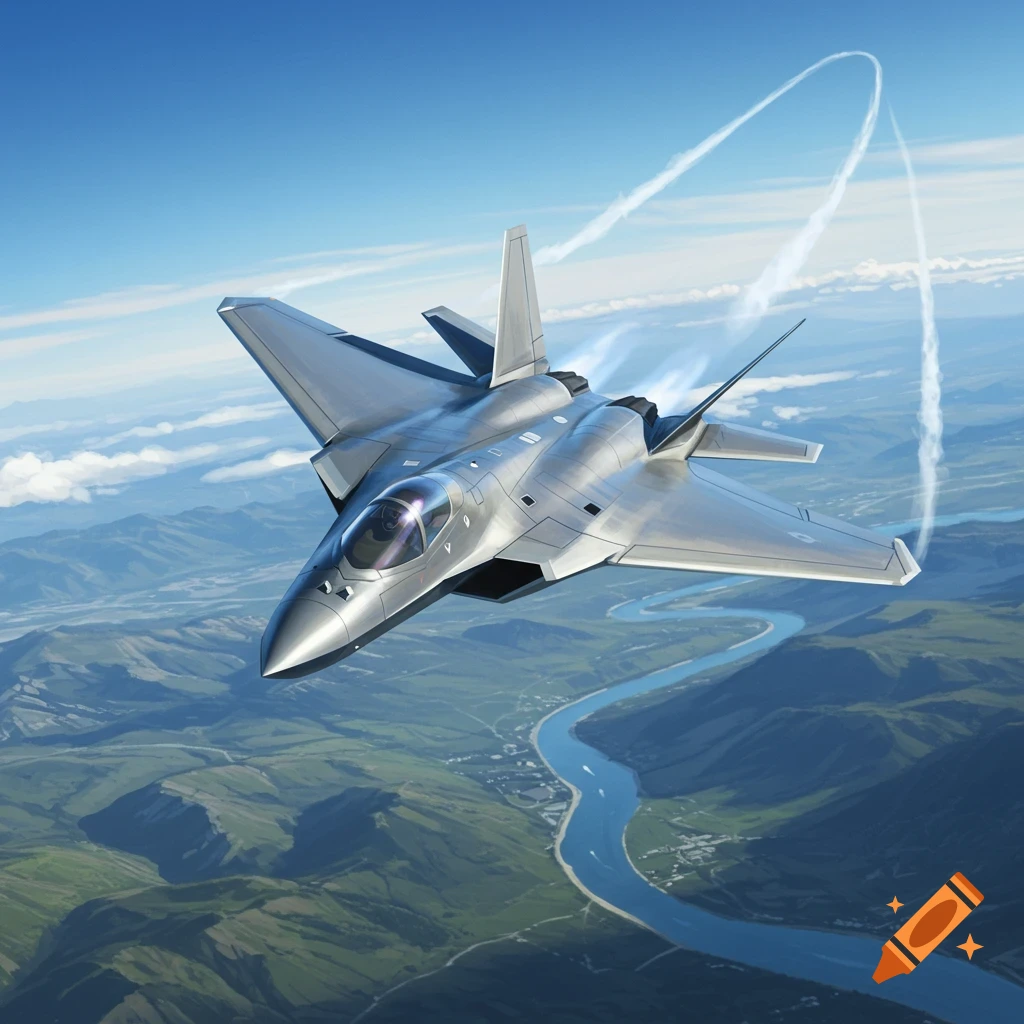 Photorealistic 6th generation fighter jet flying high over a winding river through green mountains under a blue sky, with contrails.